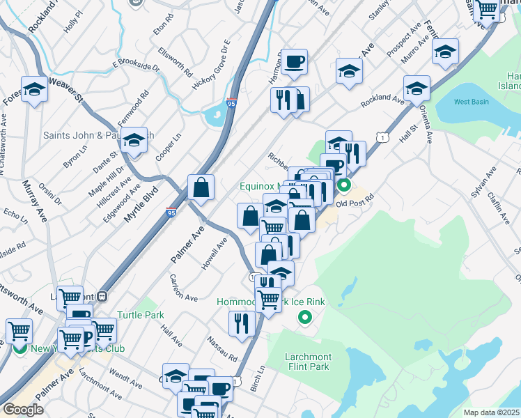 map of restaurants, bars, coffee shops, grocery stores, and more near 40 Elkan Road in Larchmont
