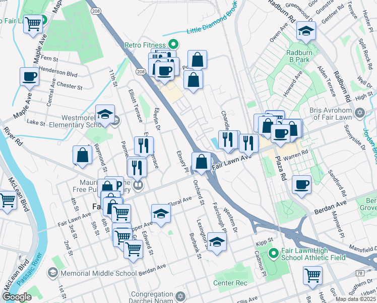 map of restaurants, bars, coffee shops, grocery stores, and more near 16-00 New Jersey 208 in Fair Lawn