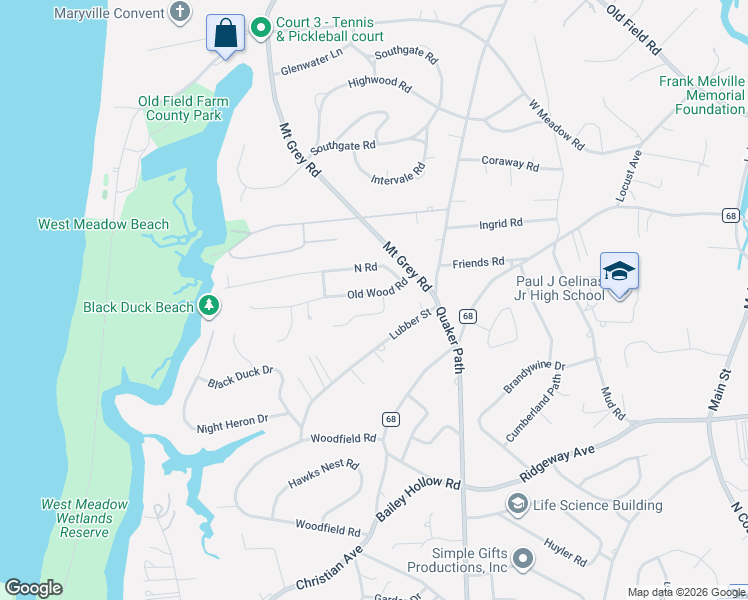 map of restaurants, bars, coffee shops, grocery stores, and more near 3 Old Wood Road in Stony Brook