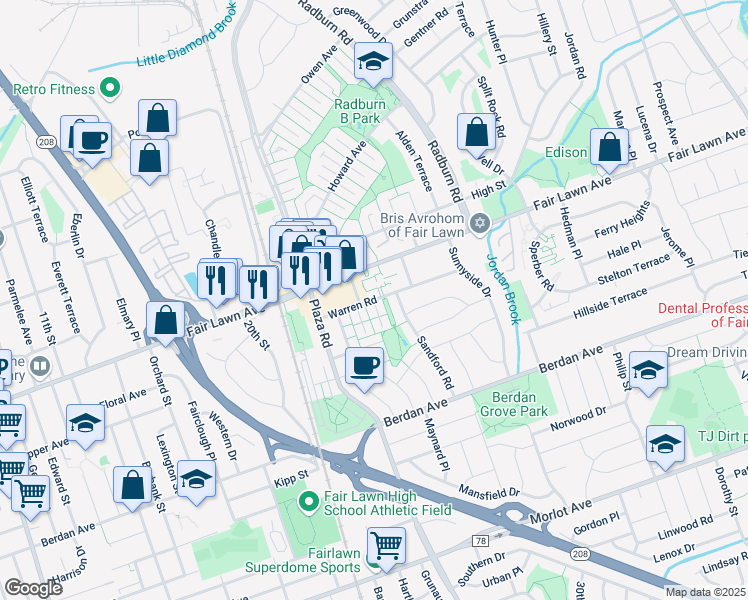 map of restaurants, bars, coffee shops, grocery stores, and more near 9 Warren Road in Fair Lawn