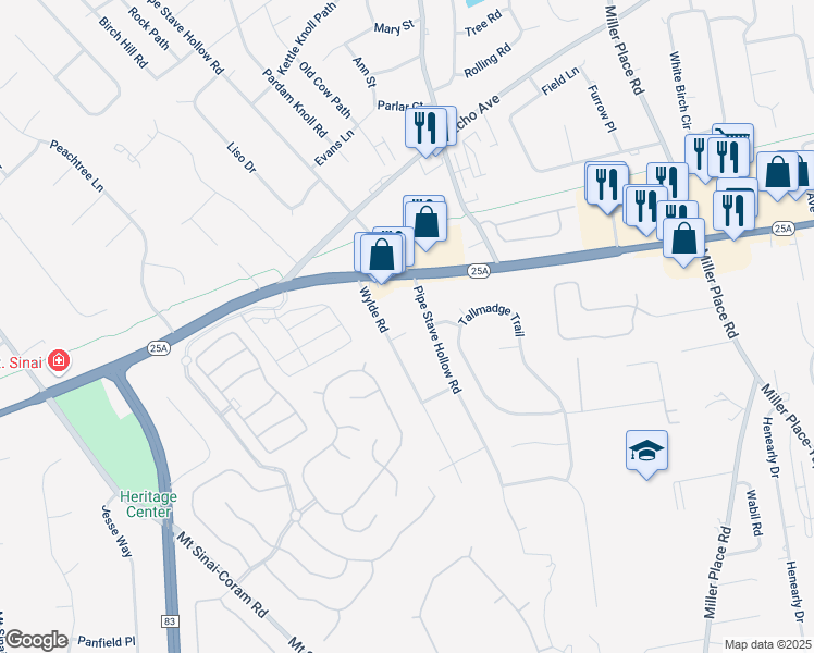 map of restaurants, bars, coffee shops, grocery stores, and more near 228 Pipe Stave Hollow Road in Mount Sinai