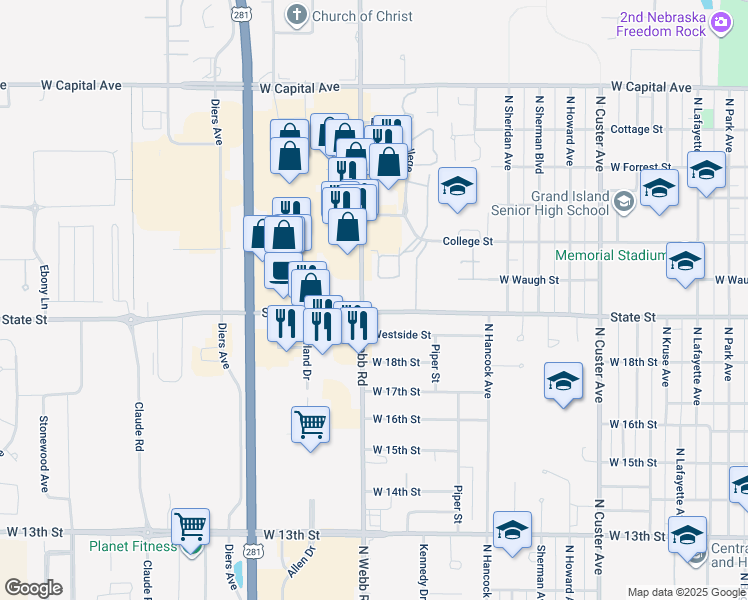 map of restaurants, bars, coffee shops, grocery stores, and more near 1923 North Webb Road in Grand Island