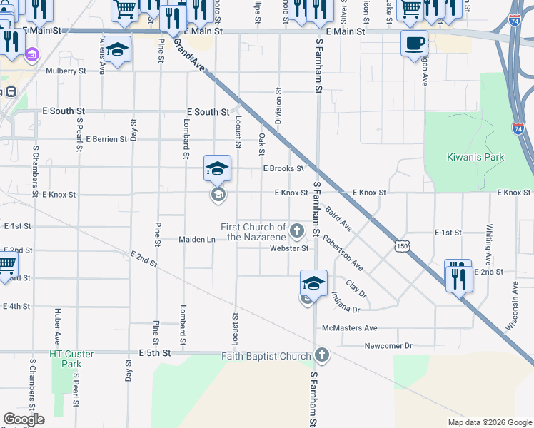 map of restaurants, bars, coffee shops, grocery stores, and more near 1470 East Knox Street in Galesburg
