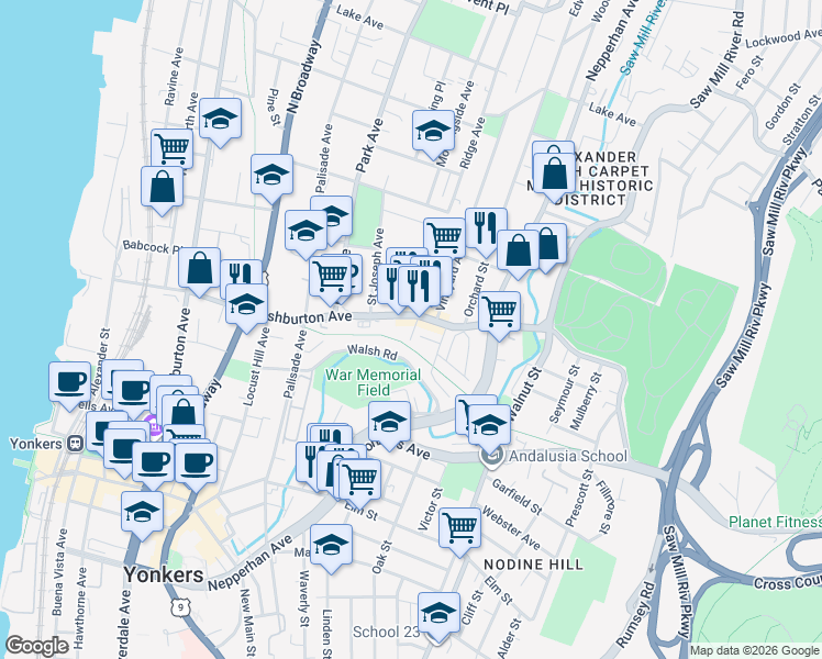 map of restaurants, bars, coffee shops, grocery stores, and more near 164 New York 9A in Yonkers