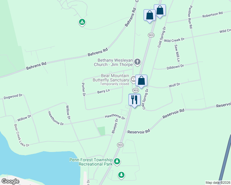 map of restaurants, bars, coffee shops, grocery stores, and more near 46 Berry Ln in Jim Thorpe