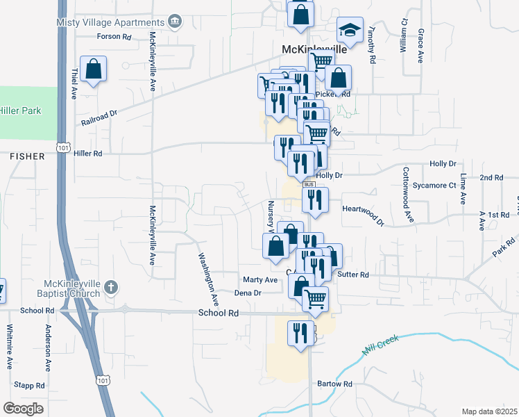 map of restaurants, bars, coffee shops, grocery stores, and more near 1861 Chanterelle Drive in McKinleyville