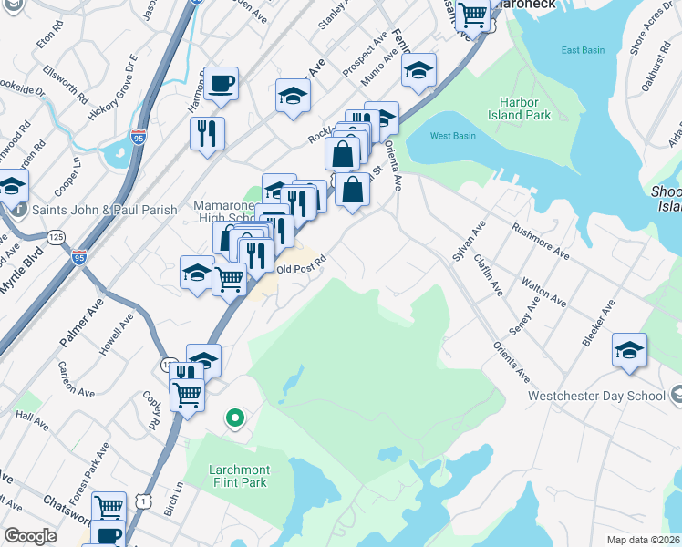 map of restaurants, bars, coffee shops, grocery stores, and more near 329 Cooper Avenue in Mamaroneck