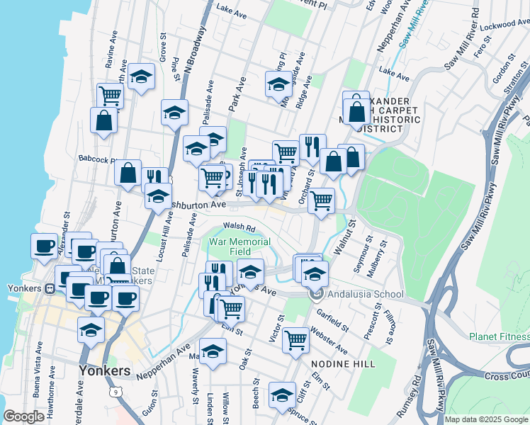 map of restaurants, bars, coffee shops, grocery stores, and more near 164 New York 9A in Yonkers
