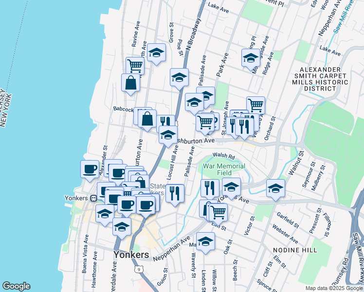 map of restaurants, bars, coffee shops, grocery stores, and more near 70 Ashburton Avenue in Yonkers