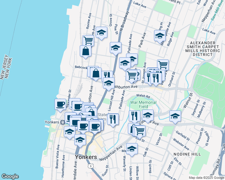 map of restaurants, bars, coffee shops, grocery stores, and more near 70 Ashburton Avenue in Yonkers