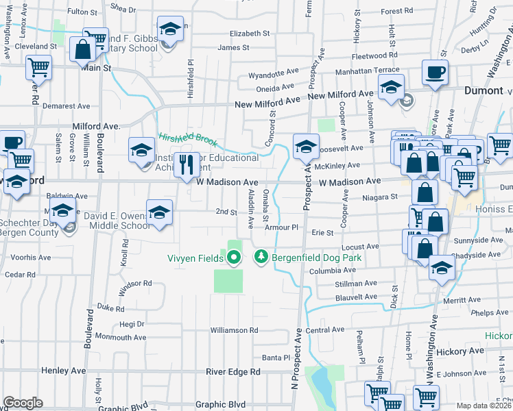 map of restaurants, bars, coffee shops, grocery stores, and more near 64 Aladdin Avenue in Dumont