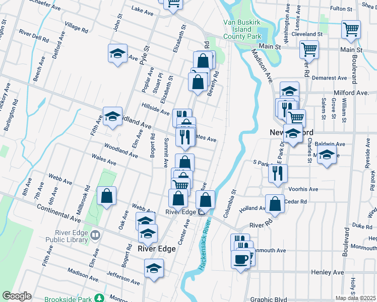 map of restaurants, bars, coffee shops, grocery stores, and more near 915 Kinderkamack Road in River Edge