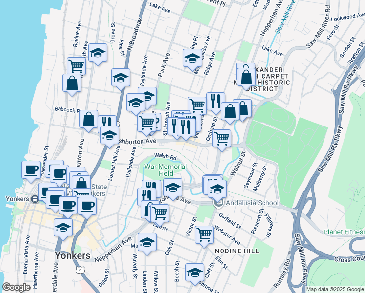 map of restaurants, bars, coffee shops, grocery stores, and more near 5 Stewart Place in Yonkers