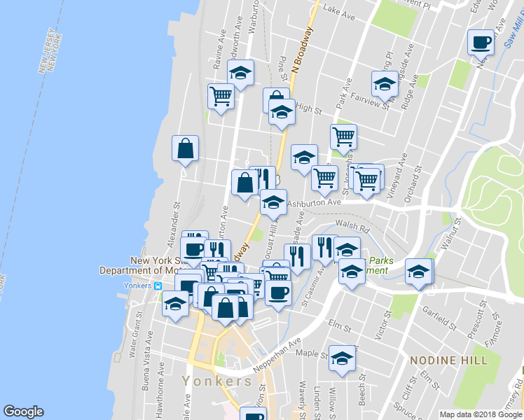 map of restaurants, bars, coffee shops, grocery stores, and more near 137 New York 9A in Yonkers