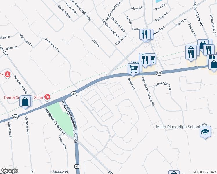 map of restaurants, bars, coffee shops, grocery stores, and more near 300 Sutton Court in Mount Sinai