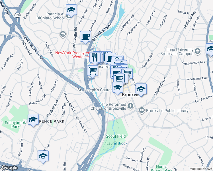 map of restaurants, bars, coffee shops, grocery stores, and more near Parkway Road & Dewitt Avenue in Bronxville