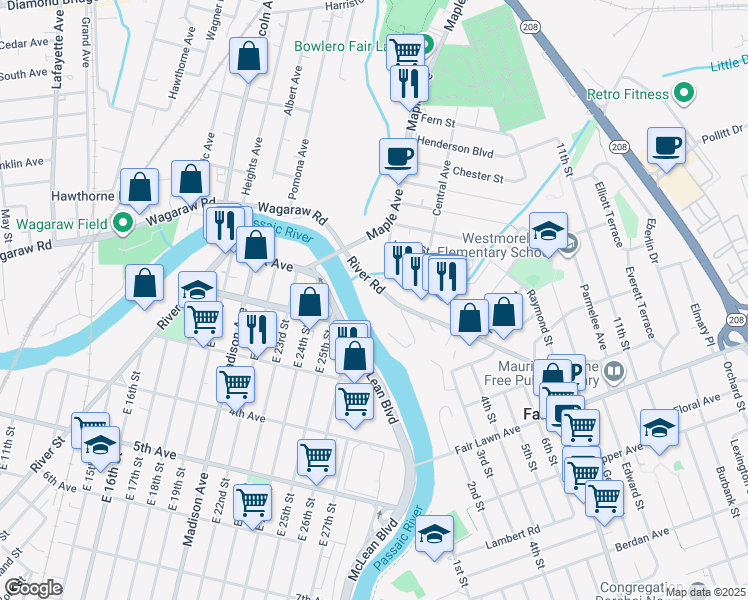 map of restaurants, bars, coffee shops, grocery stores, and more near 18-22 River Road in Fair Lawn