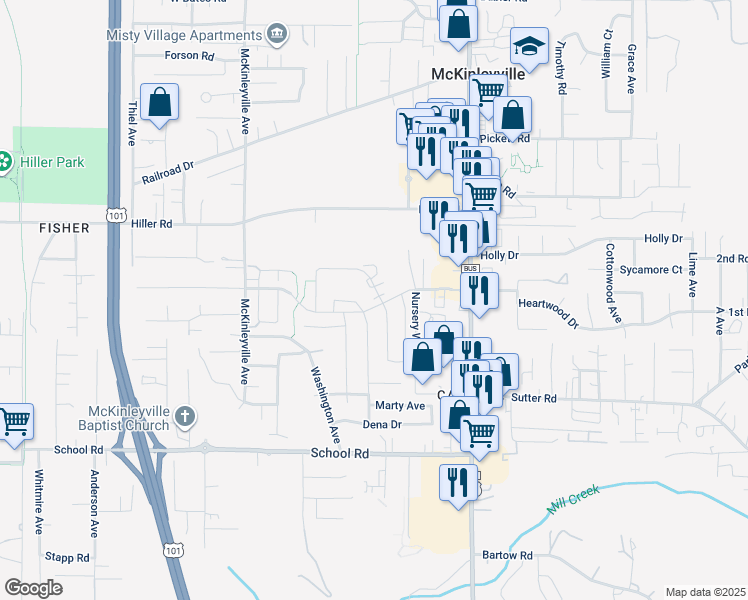 map of restaurants, bars, coffee shops, grocery stores, and more near 1987 Sagewood Way in McKinleyville