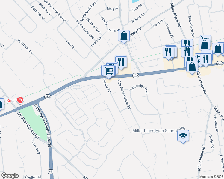 map of restaurants, bars, coffee shops, grocery stores, and more near 15 Wylde Road in Mount Sinai