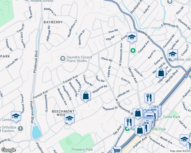 map of restaurants, bars, coffee shops, grocery stores, and more near 35 Seton Road in Larchmont