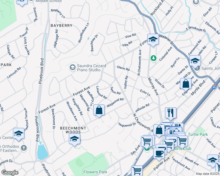 map of restaurants, bars, coffee shops, grocery stores, and more near 35 Seton Road in Larchmont