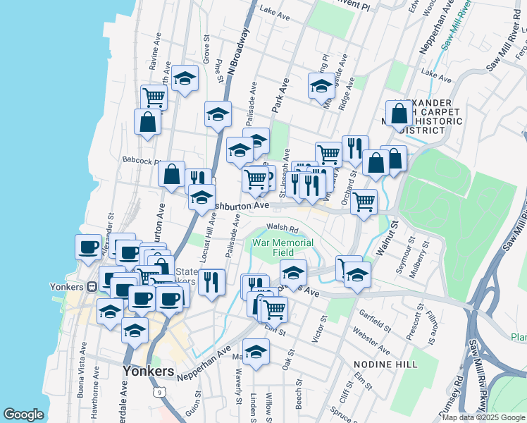 map of restaurants, bars, coffee shops, grocery stores, and more near 126 Ashburton Avenue in Yonkers