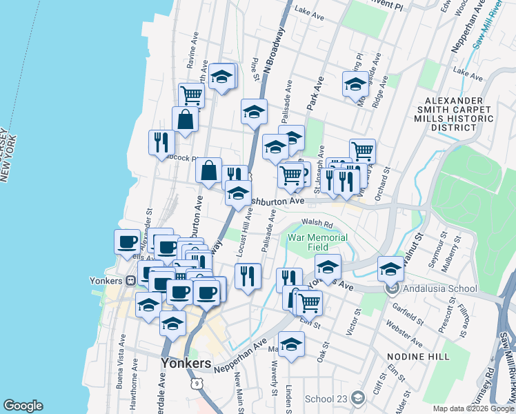 map of restaurants, bars, coffee shops, grocery stores, and more near 70 Ashburton Avenue in Yonkers
