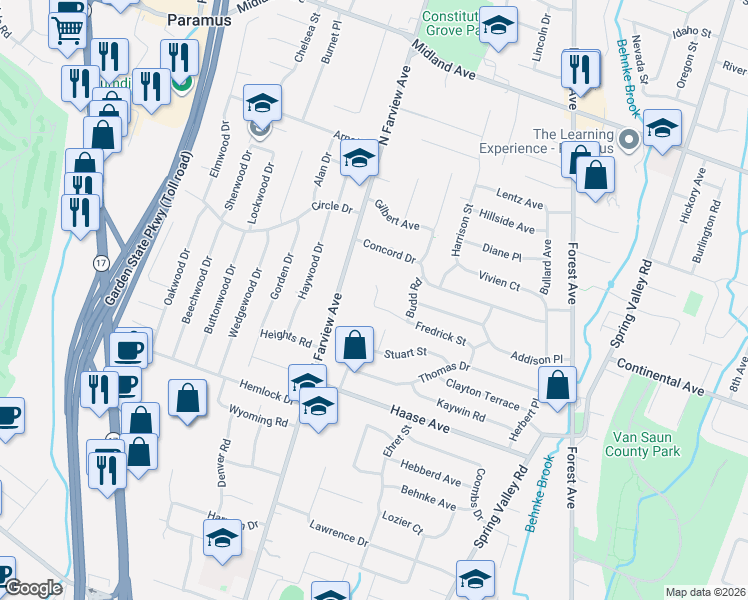 map of restaurants, bars, coffee shops, grocery stores, and more near 172 Fredrick Street in Paramus