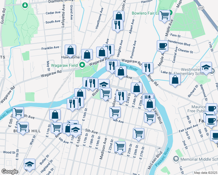 map of restaurants, bars, coffee shops, grocery stores, and more near 31 2nd Avenue in Paterson