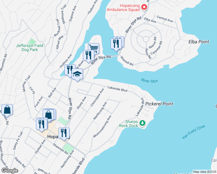 map of restaurants, bars, coffee shops, grocery stores, and more near 431 Lakeside Boulevard in Hopatcong