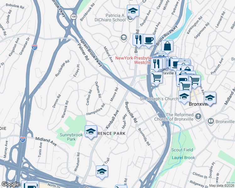 map of restaurants, bars, coffee shops, grocery stores, and more near 25 Moore Road in Yonkers