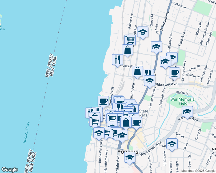 map of restaurants, bars, coffee shops, grocery stores, and more near 57 Alexander Street in Yonkers
