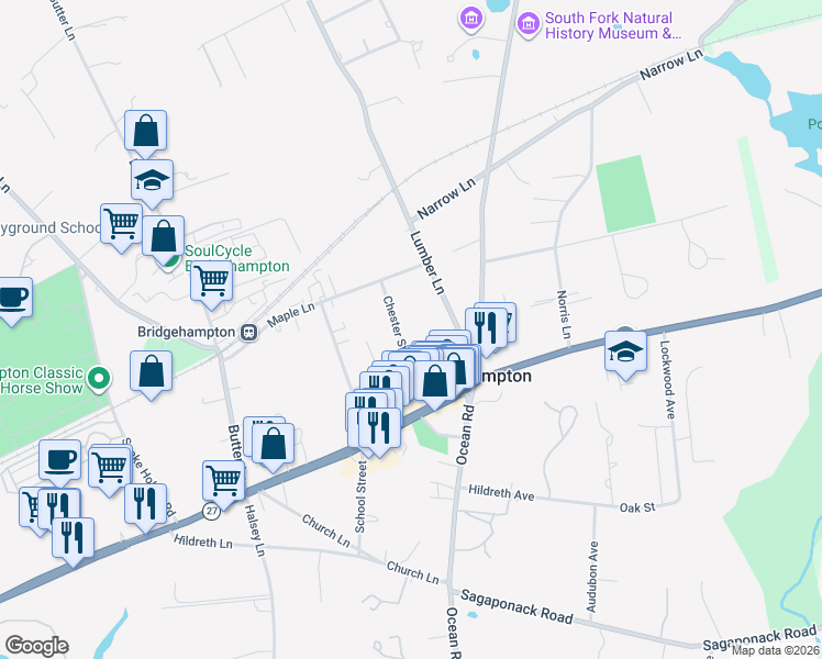map of restaurants, bars, coffee shops, grocery stores, and more near 45 Chester Street in Bridgehampton