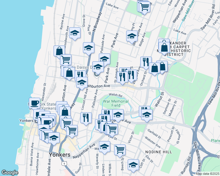 map of restaurants, bars, coffee shops, grocery stores, and more near 126 Ashburton Avenue in Yonkers