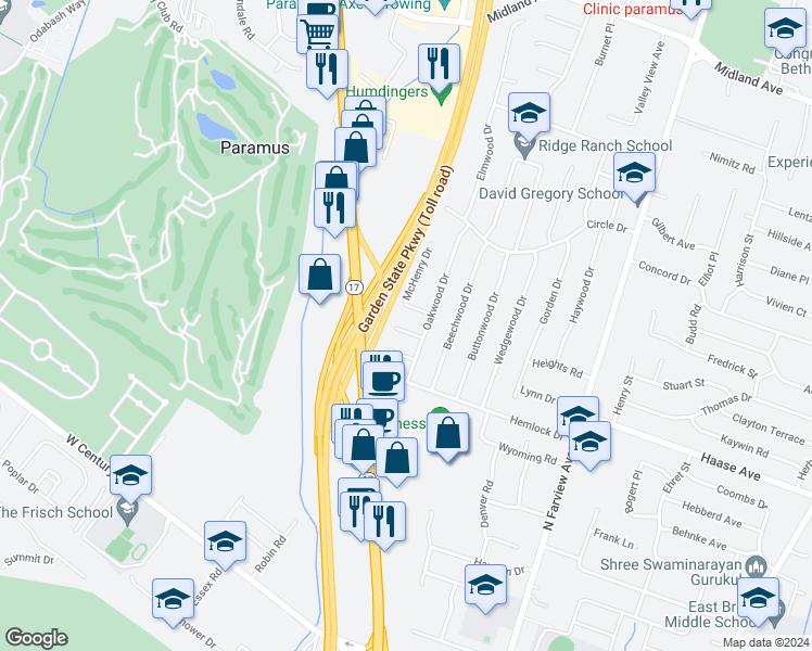map of restaurants, bars, coffee shops, grocery stores, and more near 5 Aspen Court in Paramus