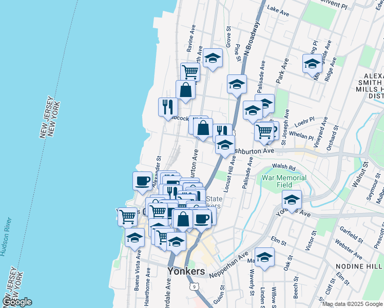 map of restaurants, bars, coffee shops, grocery stores, and more near 131 Warburton Avenue in Yonkers