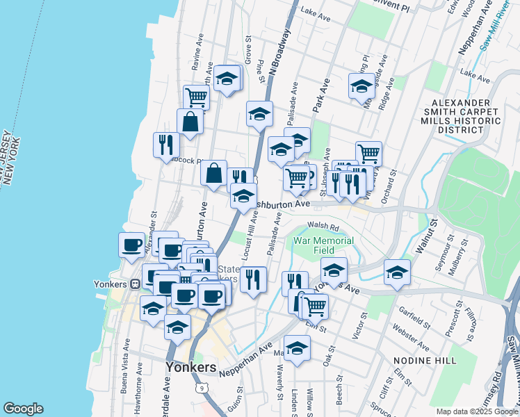 map of restaurants, bars, coffee shops, grocery stores, and more near 70 Ashburton Avenue in Yonkers