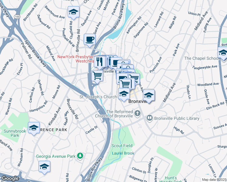 map of restaurants, bars, coffee shops, grocery stores, and more near 80 Parkway Road in Bronxville
