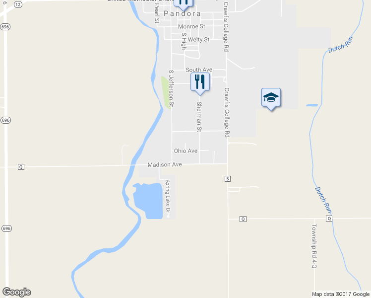 map of restaurants, bars, coffee shops, grocery stores, and more near 105 Ohio Avenue in Pandora