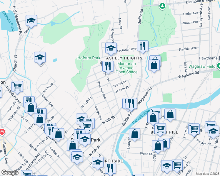 map of restaurants, bars, coffee shops, grocery stores, and more near 7 North 13th Street in Hawthorne