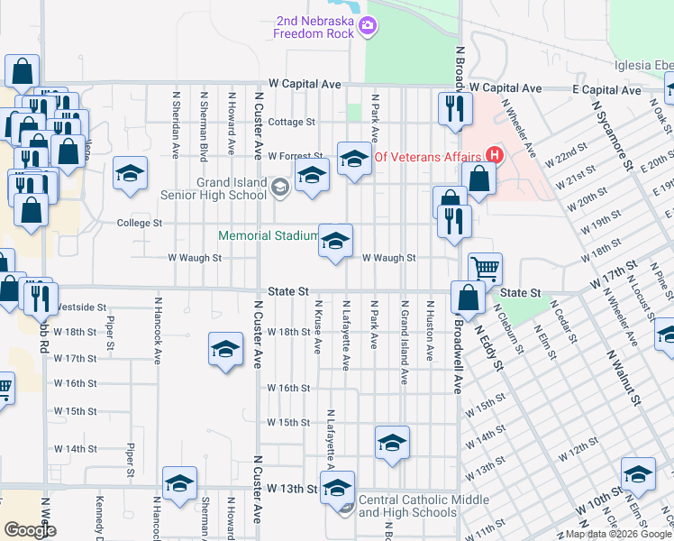 map of restaurants, bars, coffee shops, grocery stores, and more near 1901 North Lafayette Avenue in Grand Island