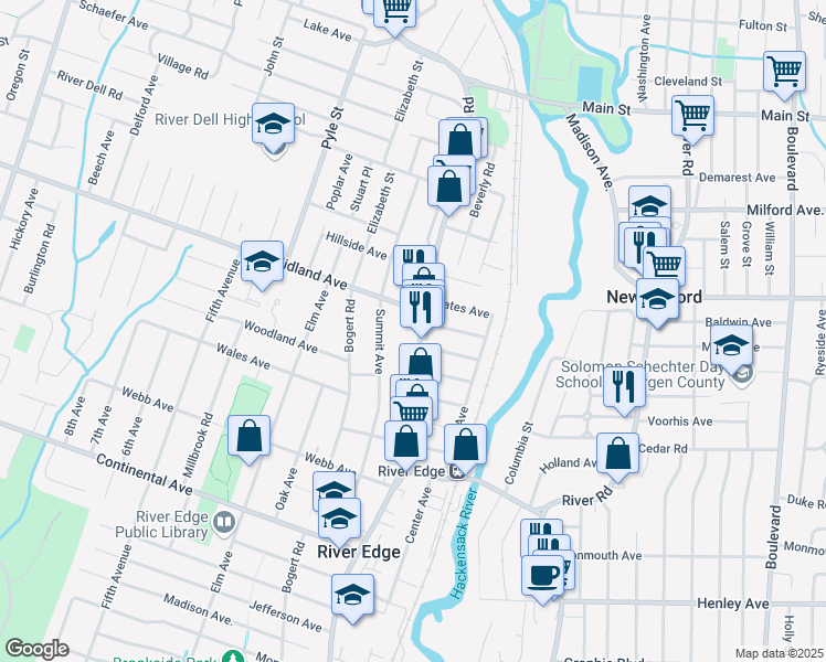 map of restaurants, bars, coffee shops, grocery stores, and more near 915 Kinderkamack Road in River Edge