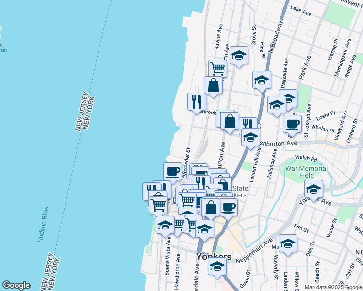 map of restaurants, bars, coffee shops, grocery stores, and more near 57 Alexander Street in Yonkers