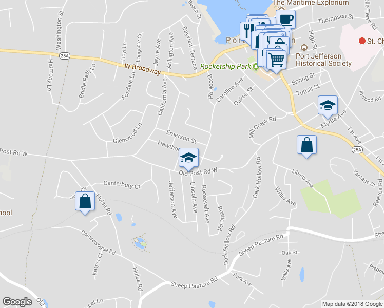 map of restaurants, bars, coffee shops, grocery stores, and more near 278 Hawthorne Street in Port Jefferson