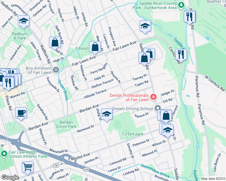 map of restaurants, bars, coffee shops, grocery stores, and more near 37-10 Hillside Terrace in Fair Lawn