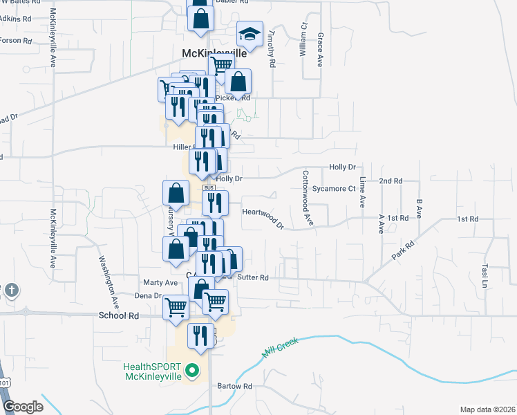 map of restaurants, bars, coffee shops, grocery stores, and more near 1750 Noble Ct in Humboldt
