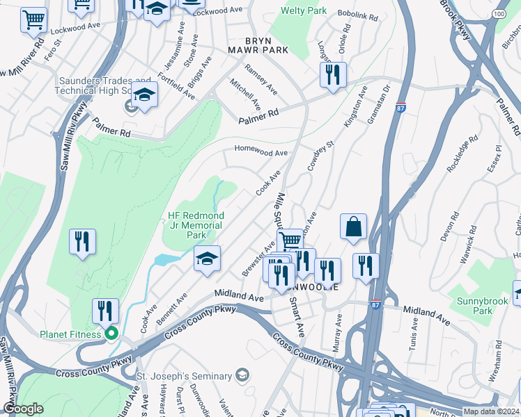 map of restaurants, bars, coffee shops, grocery stores, and more near 229 Bennett Avenue in Yonkers