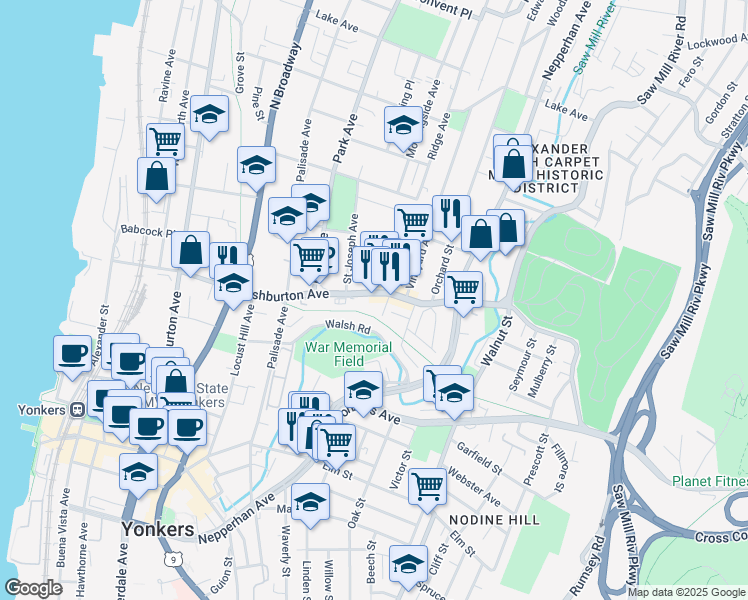 map of restaurants, bars, coffee shops, grocery stores, and more near 164 New York 9A in Yonkers