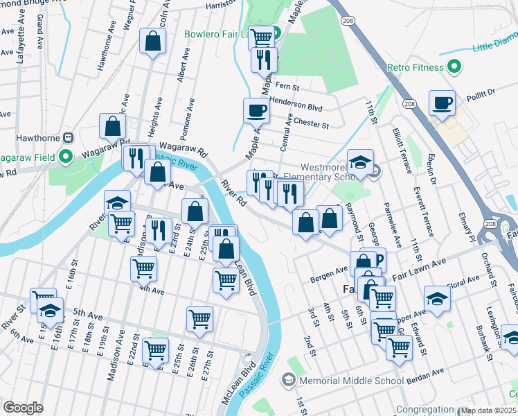 map of restaurants, bars, coffee shops, grocery stores, and more near 18-19 River Rd in Fair Lawn