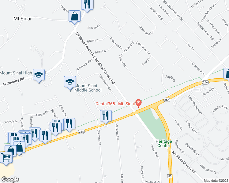 map of restaurants, bars, coffee shops, grocery stores, and more near 23 Nantucket Way in Mount Sinai